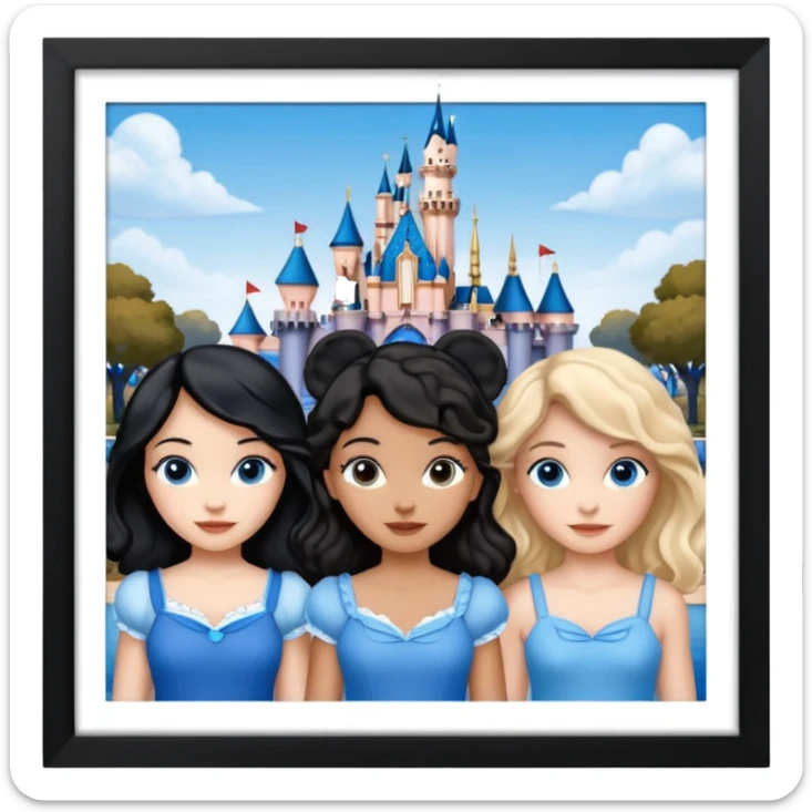 escribe el nombre Disneyland Paris y para titulo, pon a quatro chicas: una pelo corto negro, una pelo rizado largo, una pelo largo liso y la otra pelo ondulado mediano, esta con el ojos azules. Haz un cuadrado rectangular grande en grande blanco y por los lados pon a las chicas que te he descrito sticker