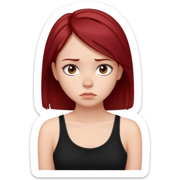 a pretty bratz fair girl with dark red straight hair, black cami top, looking sad sticker
