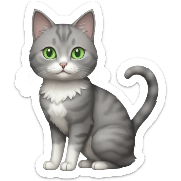 full body view of beautiful female grey cat with green eyes, white paws and white chest sticker