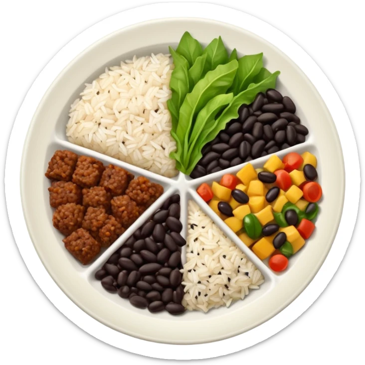 Food plate divided in 4 parts: rice, black bean, minced meat and salad

 sticker