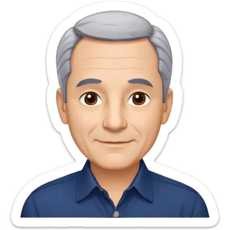 Respected Puerto Rican actor in his 60s, fair skin, round face with broad cheekbones, lively brown eyes, thick eyebrows, straight nose, short gray hair combed to the side with receding hairline, clean-shaven, friendly smile, wearing navy blue button-up shirt sticker