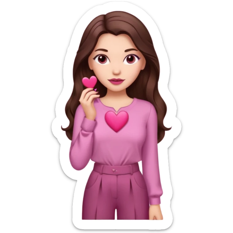  emoji, white person, inspired with brunette hair, brown eyes, long hair, heart shape lips and pink make up  and pink nails, mauve pink blush and brown wide leg pants, burgundy shoulder drop shirt, brown heels , princess hair, brown heels, no floating hearts  sticker