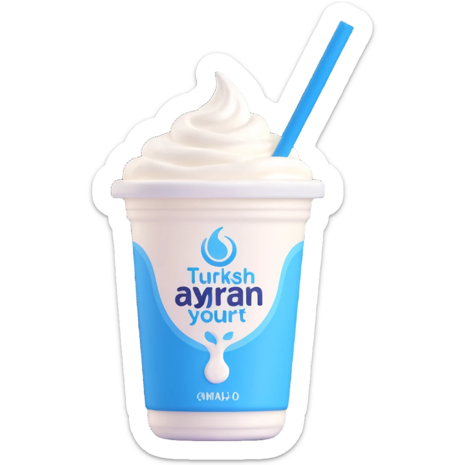 A small carton of Turkish yogurt drink (ayran) with a straw, white and blue packaging sticker
