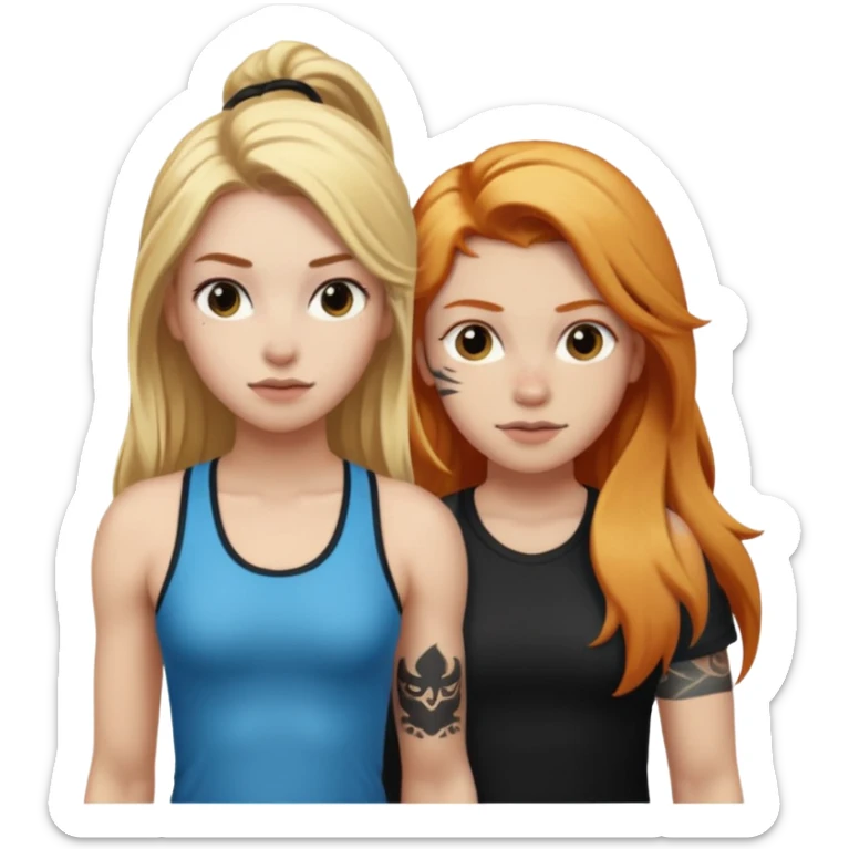 girl with long blonde hair and black tattoos next to a an athletic ginger girl sticker