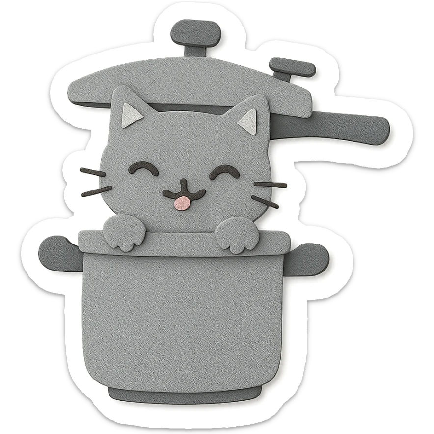 chibi pressure cooker-cat hybrid, popping out of the lid, playful expression, soft grey, full-body sticker