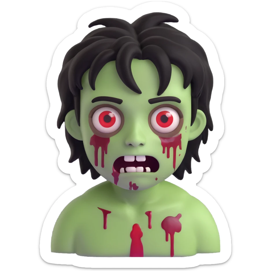 Create a 3D emoji of a boy zombie with medium-long, shaggy black hair, pale green skin, large brown eyes with dark circles, bloody wounds under the eyes, and a creepy, scared expression. Match the style and details of the reference image as closely as possible. sticker