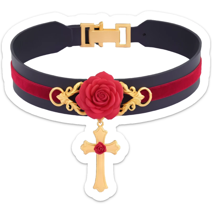 gothic choker with crimson velvet band, gold cross pendant, deep red rose centerpiece, dramatic and gothic style sticker