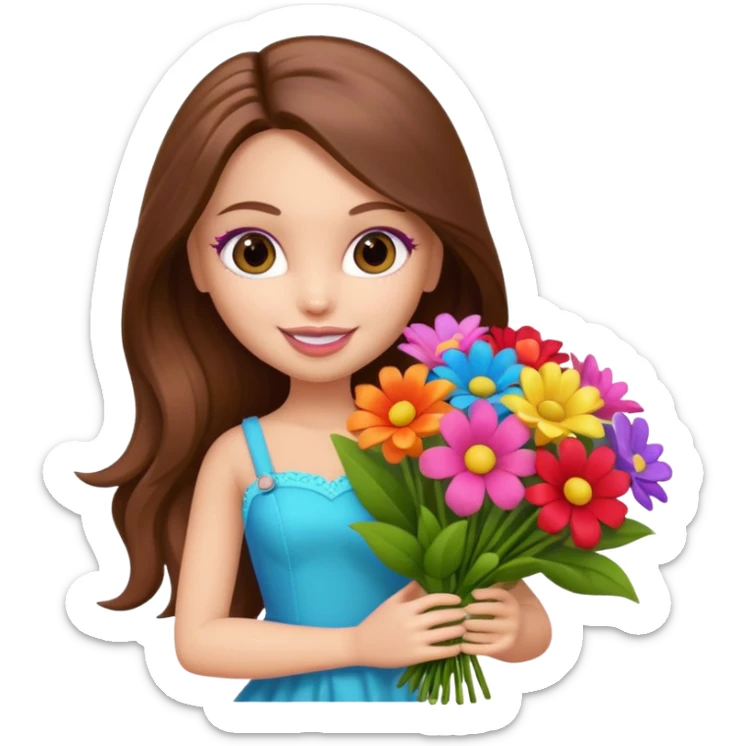  pretty bratz doll, long brown hair holding big bouquet of flowers posing sticker