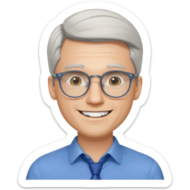 30 yr old pale white man, white/grey side swept stylish hair, round glasses, big smile, white teeth, handsome, longer hair, thin glasses, blue dress shirt sticker