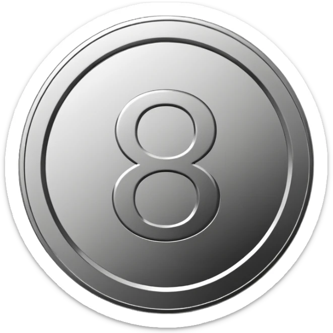 Emoji icon of a metal coin with engraved number 8, minimalist style, isolated, only metal color sticker
