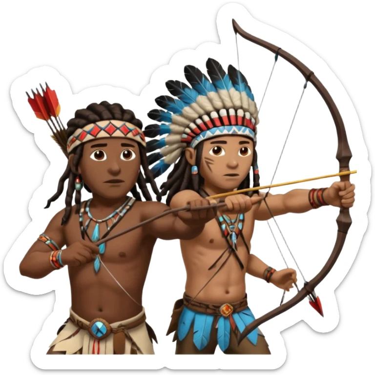 Black American man dark brown with dreads with a American Indian headdress shooting a bow and arrow at a native Indian while they run sticker