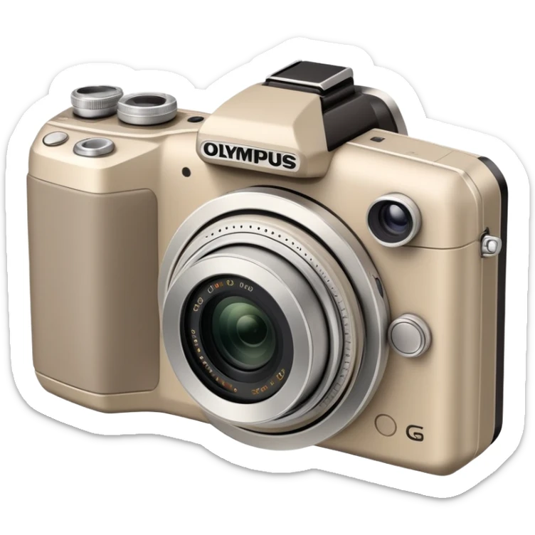 Ultra simplified Olympus Superzoom 70G camera, grayish-beige color, abstract representation with bare minimum of recognizable features sticker