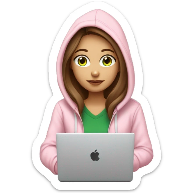 a girl with brown long hair, light beige skin, green eyes, is working relaxed at a modern laptop in a monochrome pale pink zip hoodie with a hood and a pink monochrome T-shirt sticker