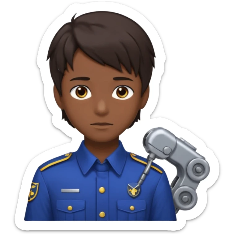 A 20-year-old man with dark brown hair, anime style, dark brown eyes, his hair on the right side is normal and straight, while the left side extends sideways. He is wearing a collared uniform. The background is filled with machines. sticker