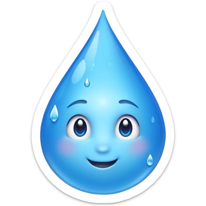 Emoji of a water droplet with a fresh, good-tasting feeling, clean and shiny, subtle sparkles or freshness lines, friendly and positive look. Simple emoji style, smooth shapes, bright blue color, transparent background. Suitable for messaging apps| sticker