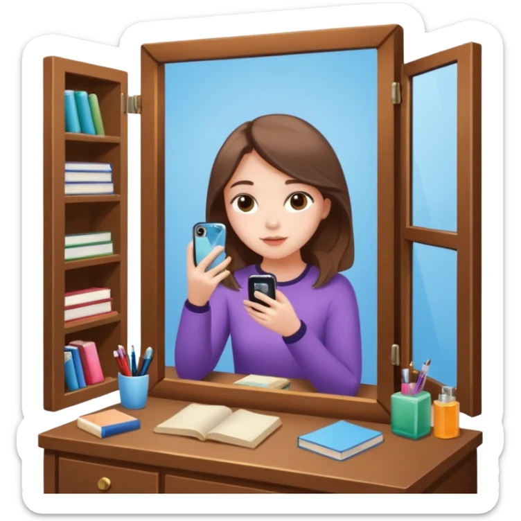 Girl sitting at vanity taking out picture with iphone 15 plus in the mirror and study materials on the vanity sticker