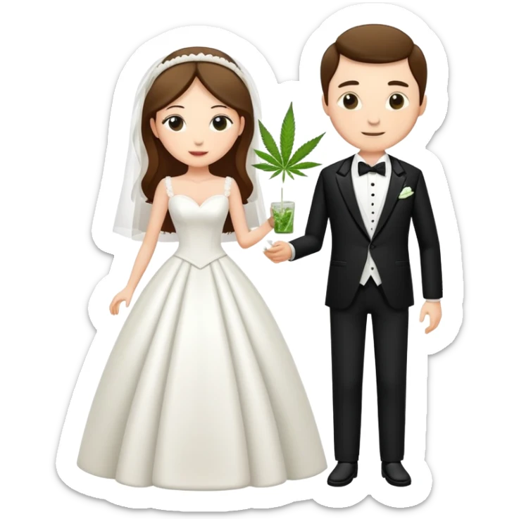 A bride in white wedding dress and groom in tuxedo, full body, sharing cannabis, wedding couple, different pose sticker