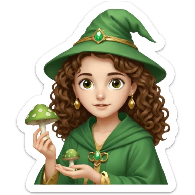 very beautiful italian girl, looking like Emma Watson, with curly and big volume very bright brown hair, and a golden piercing ring in nose on left side, dressed in a beautiful wizard robe of green colors, holding fly mushroom sticker