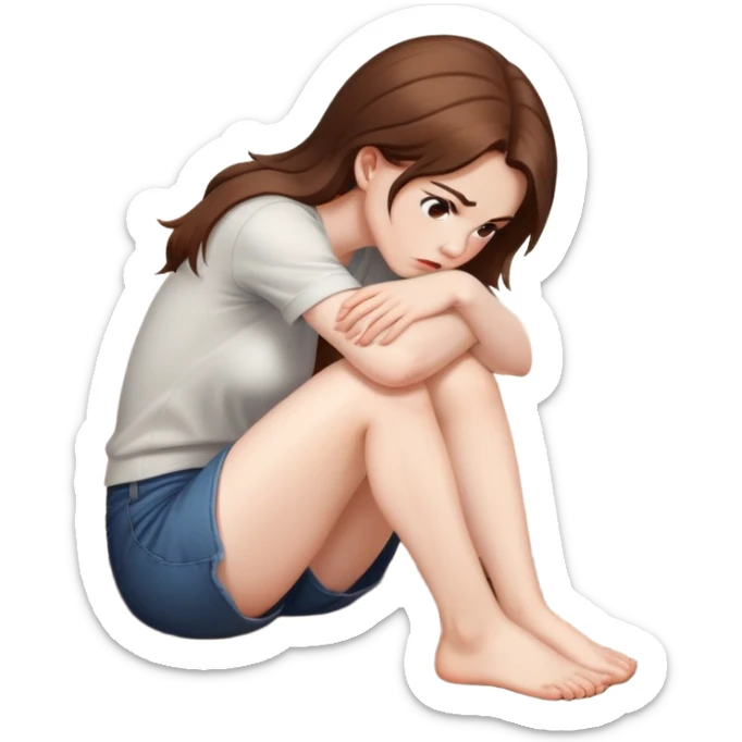 angry woman with brown hair sitting in profile on a floor hugging her knees avoiding conversation  sticker