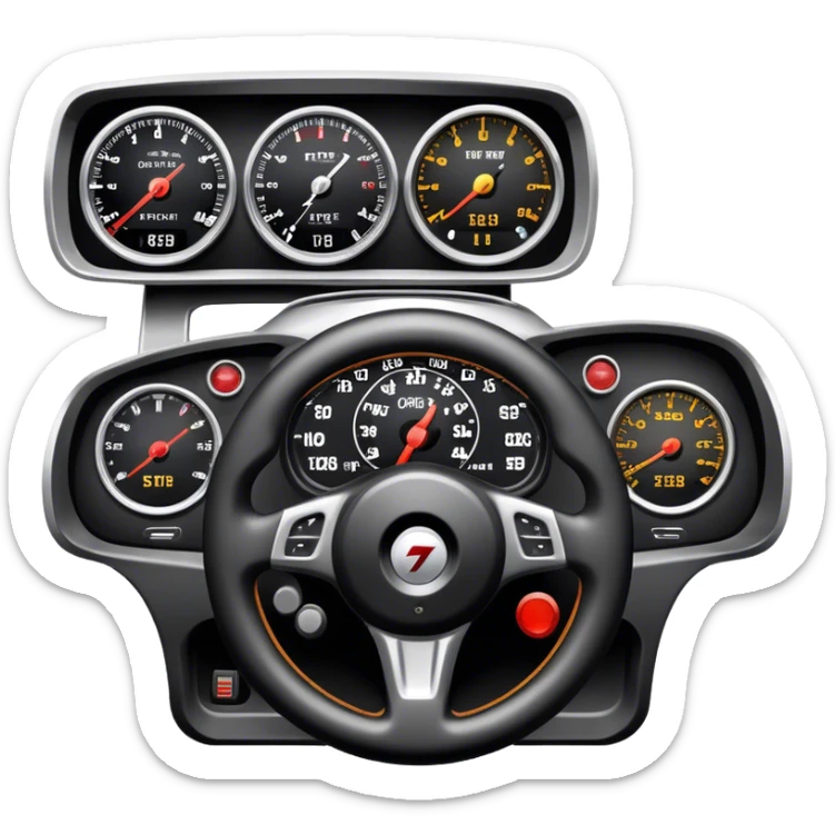 An icon showing a racing game interface, inspired by Grand Turismo. The design features a garage with a selection of high-performance cars, along with race track visuals in the background. Speedometer, lap timer, and other HUD elements add to the excitement. Transparent background sticker