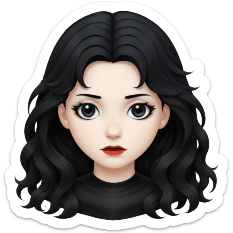 Crea una ragazza con stile black metal, capelli neri mossi dalle spalle e occhi bianchi sticker