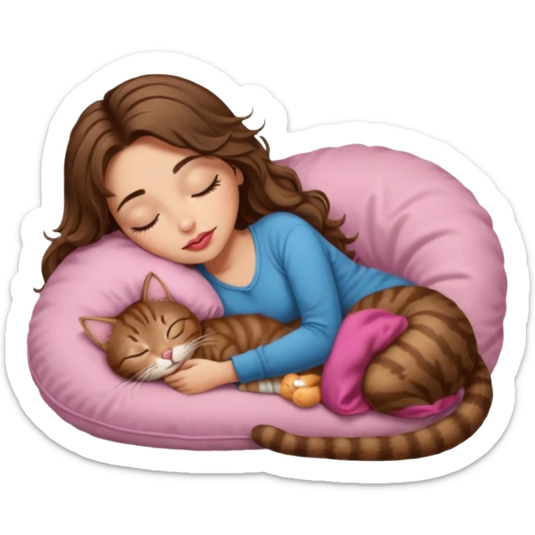 girl with long wavy brown hair, brown eyes, long lashes makeup, sexy pink lips, light to medium complexion,  sleeping on a cozy pillow, with brown tabby cat, sleeping sticker