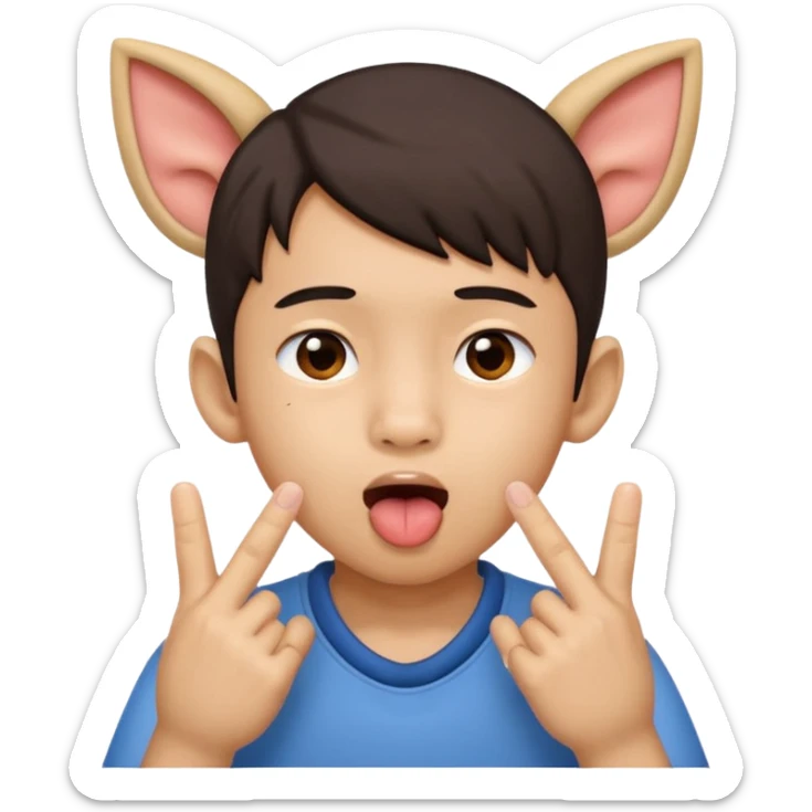 a boy with asian eyes holding his ears with 2 fingers and with his tongue out sticker