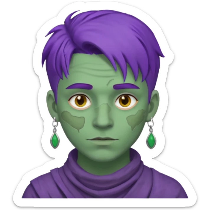 purple haired man with full full face dirty messy green clay mask and earrings sticker