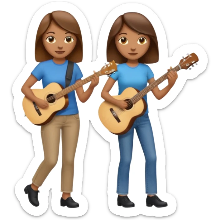 based on emoji style, two people walking together. one is brown-haired woman, wearing business casual, holding a guitar. Another one is a non-binary person, wearing t shirt and jeans, and the second person doesn't have anything on their hands. sticker