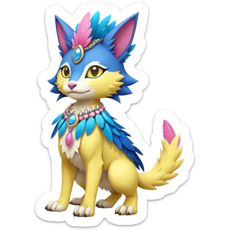 Kawaii cute yellow, blue, pink, exotic tribal beautiful pretty elegant divine edgy feline-vernid-sergal-Fakémon-Pokémon-Digimon-fursona-animal-creature with bracelet, necklace, full body, with intricate detailed markings, feather headdress  sticker