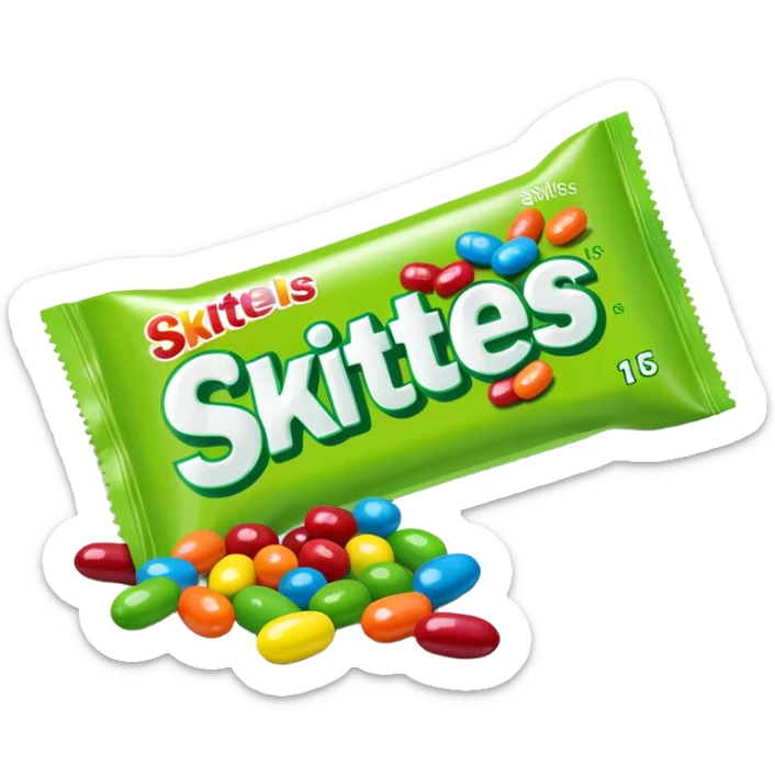 A pile of green Skittles candies next to a colorful Skittles package. Simple minimalist design. sticker