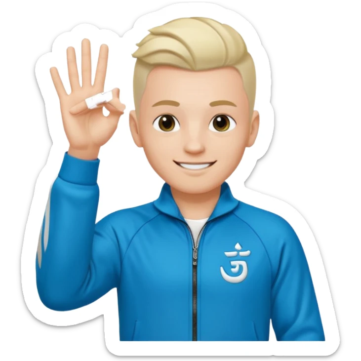 rapeur jul en emoji ios, blanc, rasé sur les cotés, cheveux au centre dressés au gel, signe J avec les mains, survet de l'om sticker