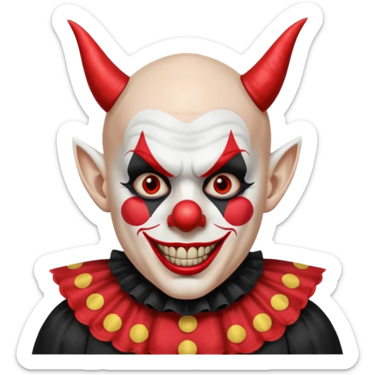 Crea un payaso que tenga toda la parte de la cara pintada de blanco que también de blanco esté la calva que no tenga pelo que tenga unas orejas como de duende, unos dientes picudos, unos cuernos de color negro y un traje de payaso rojo con negro sticker