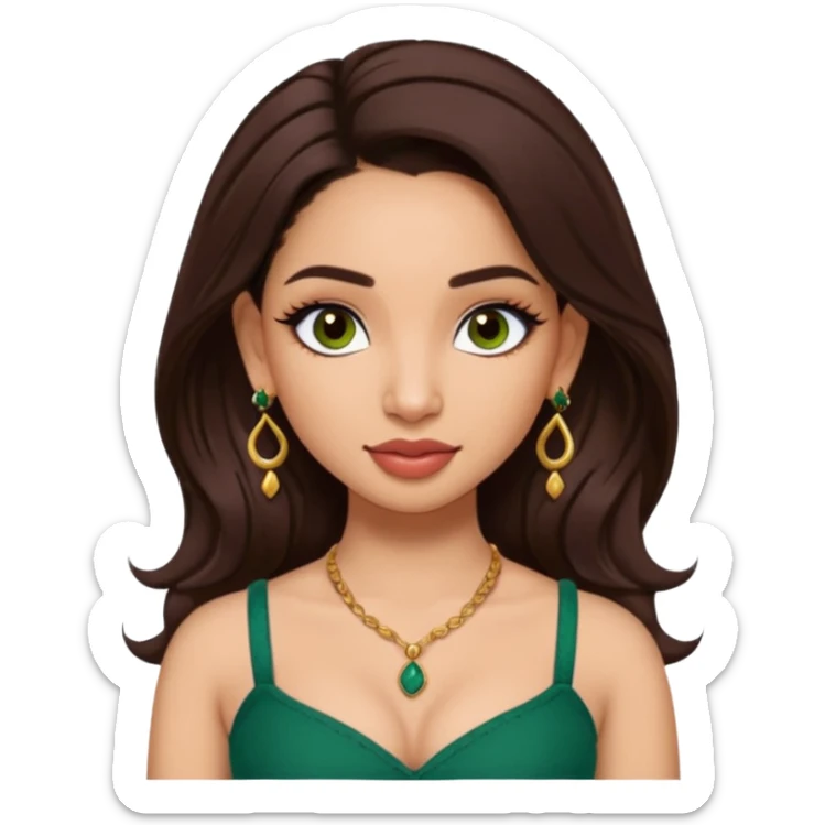 pretty bratz genmoji that looks like tamannah bhatia (bollywood actress), wearing a dark green sweetheart neckline top, dark brown hair, light makeup, no necklace, dangly earrings, side hair part, dark brown eyes, with full tattoos sticker