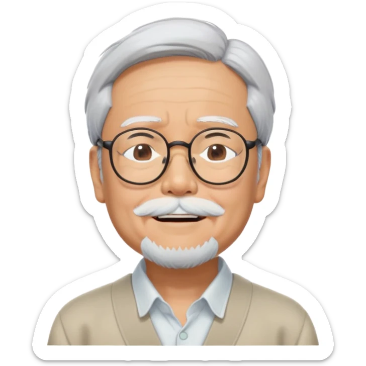 _cinematic-realistic-portrait-of-hayao-miyazaki,-depicted-with--large-rectangular-glasses,-his-happy-expression-rendered-in-lifelike-detail,-illuminated-with-soft,-realistic-lighting-that-emphasizes-his-creative-genius, his eyes closed  sticker