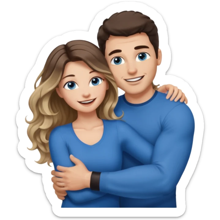 Women with blue eyes and very long, brown blond balayage curled hair in the arms of a man with strong arms a straight face, a very sexy man blue eyes. They are laughing at each other. He has dark brown hair: A fade haircut down to skin and is light skinned  sticker