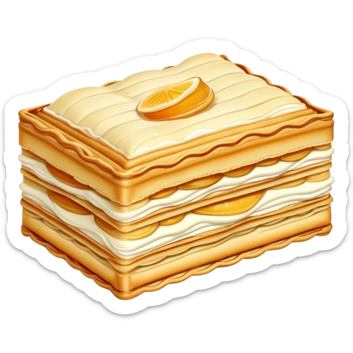 mille-feuille-cinematic-realistic-mille-feuille-dessert-emoji,-depicted-as-a-rectangular delicate-pastry-composed-of-two-crisp-layers-of-puff-pastry-with-a-rich-cream-filling,-rendered-with-intricate-textures-and-elegant,-soft-lighting. Please only show two layers only. sticker