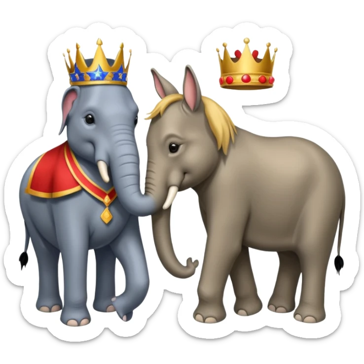 Democratic Party elephant facing Republican Party donkey with King Trump inbetween sticker
