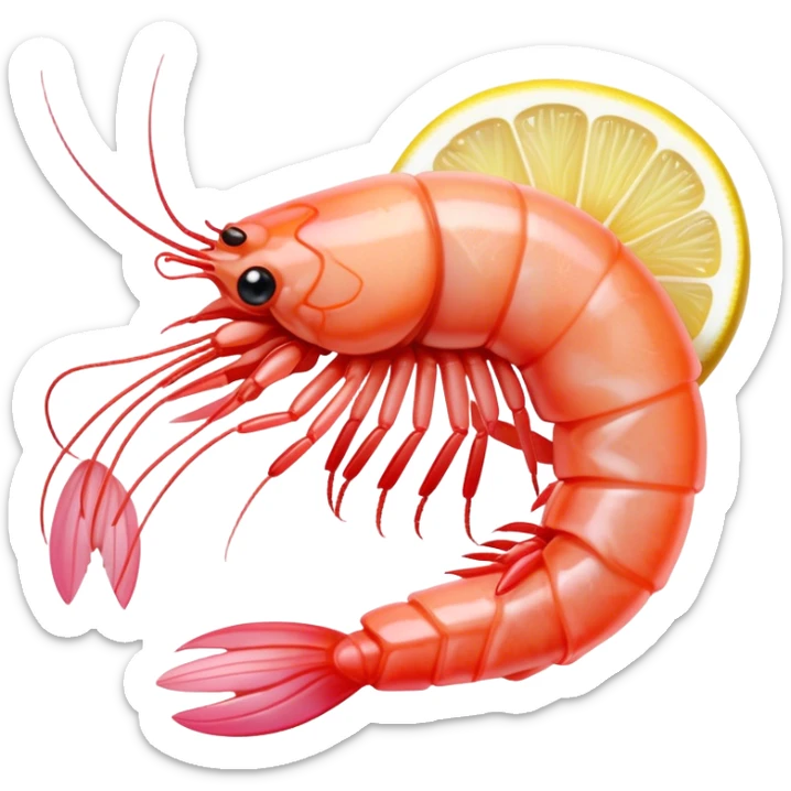 Cinematic glistening shrimp, pink and juicy, slightly curled with a light char, served with lemon wedges, ultra-detailed and fresh, warm glowing background. sticker