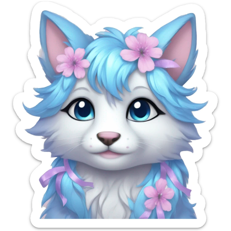 Anthro Cute Cool Pastel Kawaii gorgeous sparkly ethereal fantasy animal creature with blue eyes furry sona with flowers and ribbons beautiful aesthetic sticker