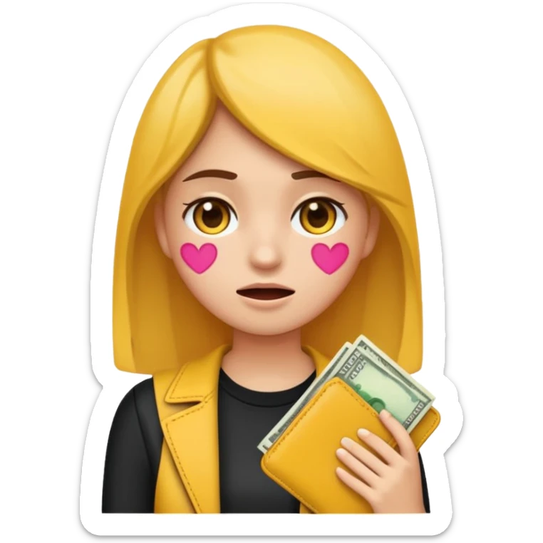 Emoji de una chica joven mostrando que no tiene dinero, sosteniendo una billetera vacía, expresión preocupada o triste, estilo emoji moderno y minimalista, colores planos, líneas limpias, fondo transparente. sticker