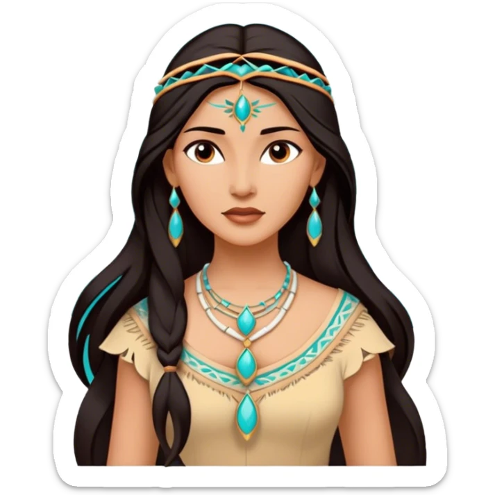 Cinematic Majestic Pocahontas Portrait Emoji, rendered in a clean, vector-style with bold shapes. Show Pocahontas with a serene, noble expression, radiant sun-kissed skin, and elegantly flowing dark hair, dressed in traditional garments with subtle turquoise accents. The design radiates a majestic, natural glow, high shine, and a soft glowing outline, capturing her regal beauty. sticker