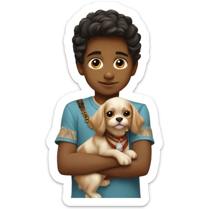 A cute boy of 5 years old with an Indian skin color wearing Gucci and standing infront of a modern Indian mansion. The boy is holding a cute puppy sticker