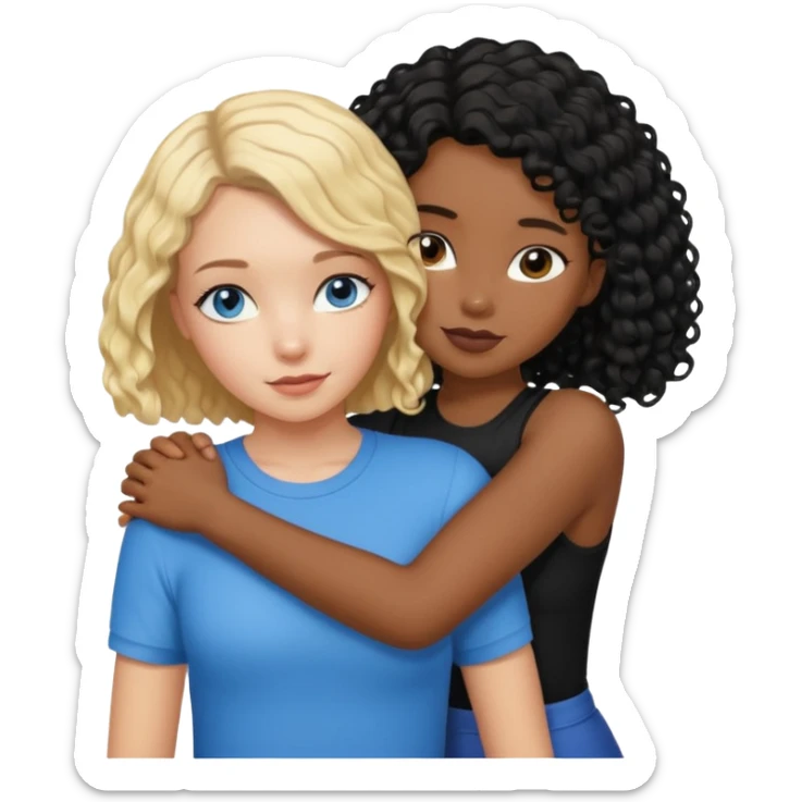 Girl best friends, one white with blond bob and blue eyes, one shorter black girl with long black curly hair, hugging sticker