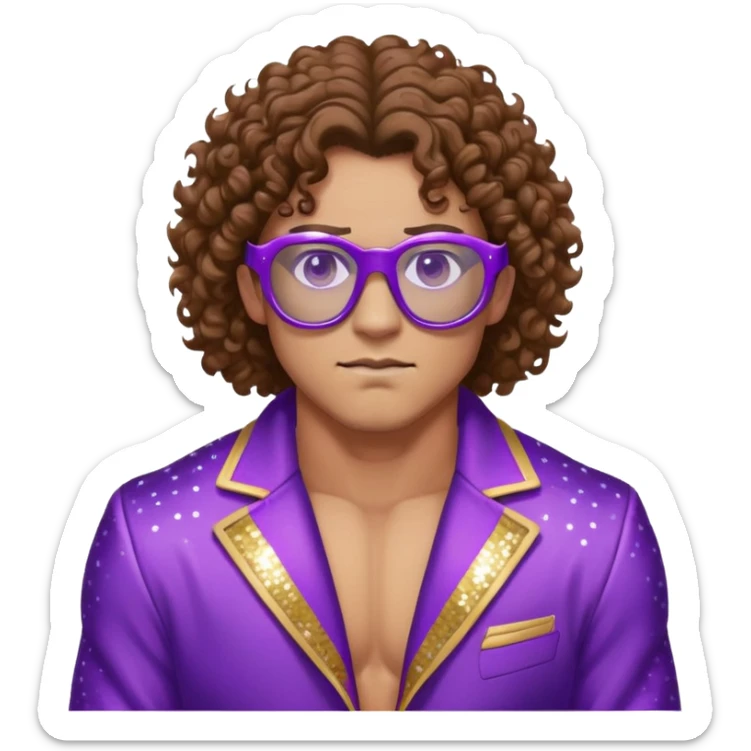 Wrestler with brown curly hair, purple bike glasses, arrogant face, purple open jacket with sequins sticker