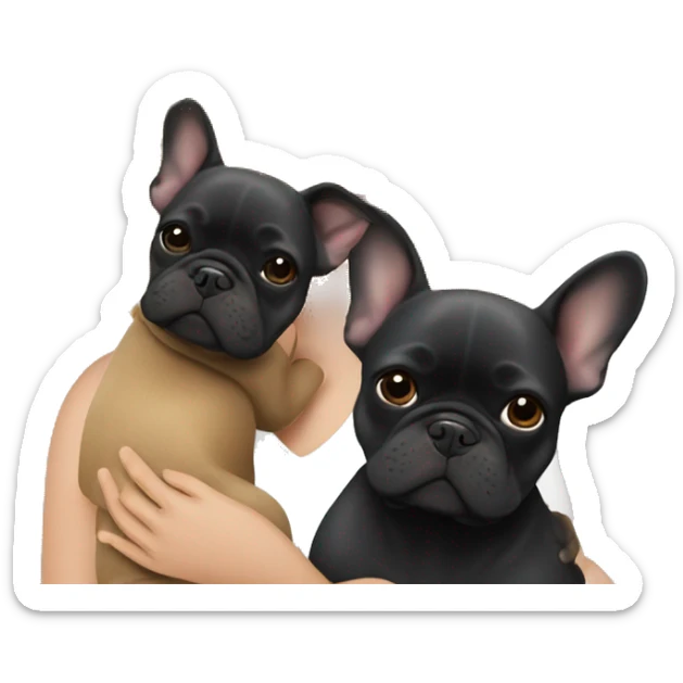 Honey blonde woman hugging a black French bulldog and a dark gray french bulldog sticker