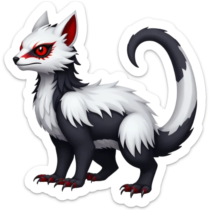 a white exotic edgy vernid-fionbr-Fakémon-creature, with black belly and red eyes, full body sticker