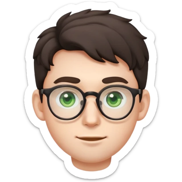 young male emoji with youthful face, poofier slightly curly dark hair, big ears, pale skin, glasses, green eyes, very light stubble sticker