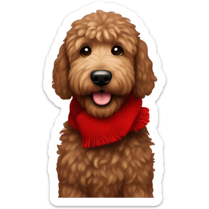 Dark brown golden doodle with fluffy fur wearing a red Christmas scarf sticker