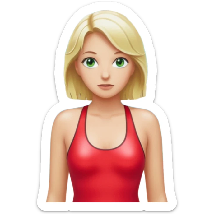 Blonde Woman, Green eyes, Red onepiece, whole Body,Background Indoor pool sticker